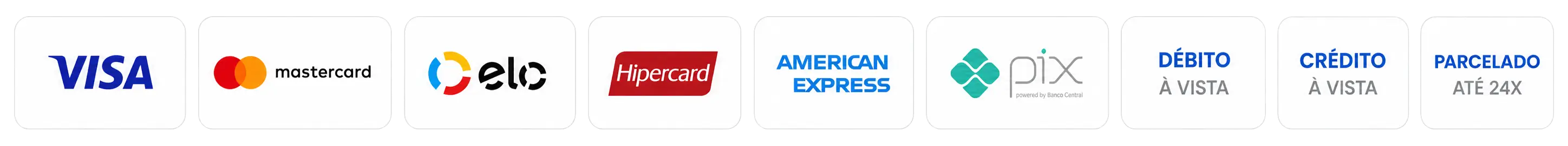 Visa, Mastercard, Elo, Hipercard, American Express, Pix, débito, crédito e parcelado em até 24x